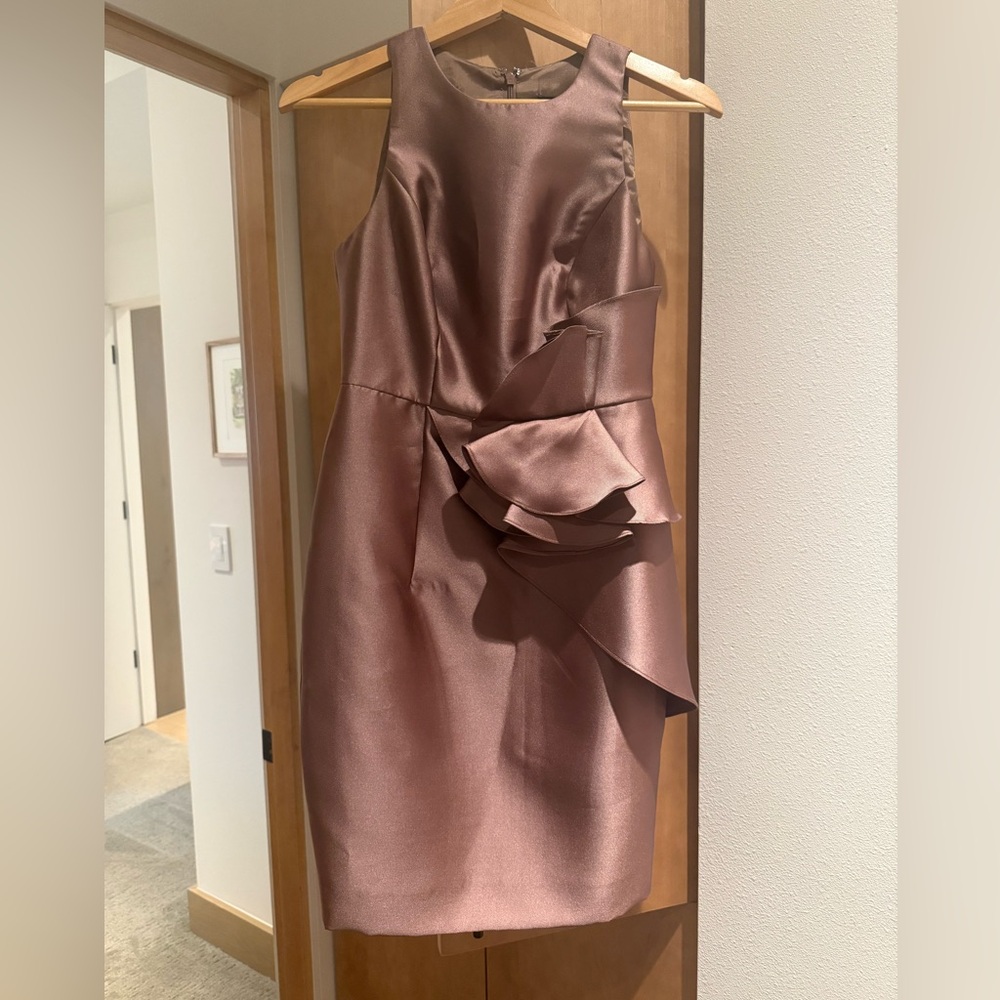 Carmen Marc Valvo Satin Ruffle Midi Dress in Rich Brown